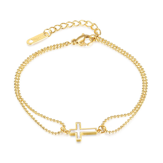 Minimalist Double Layer Cross Stainless Steel Bracelet for Women – Stylish Beaded Chain Jewelry
