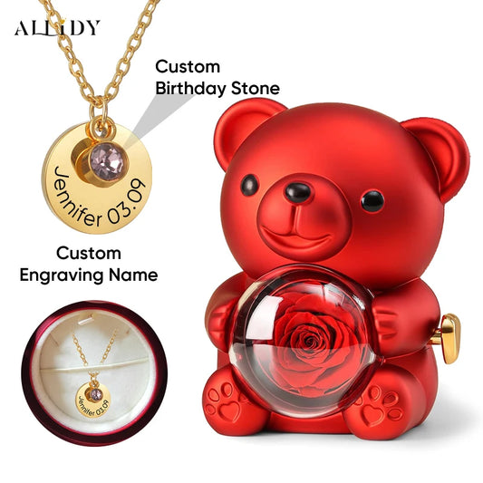 Custom Engraving Name Birthday Stone Pendant Necklace Real Preserved Rose Bear Jewelry Box Gifts Valentine's Day Christmas Women