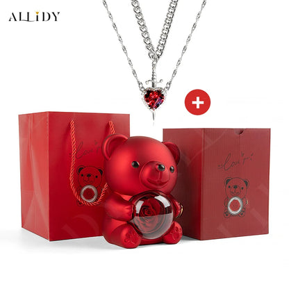 Hot Red Zircon Love Dagger Sword Pendant Collarbone Chain Double Valentine's Day Couple Necklace Real Preserved Rose Teddy Bear