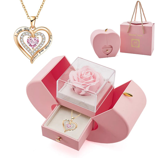Hot Romantic Sakura Pink Eternal Rose Jewelry Box & Heart Gemstone Stainless Steel Necklace Mother's Day Surprise Gift for Women