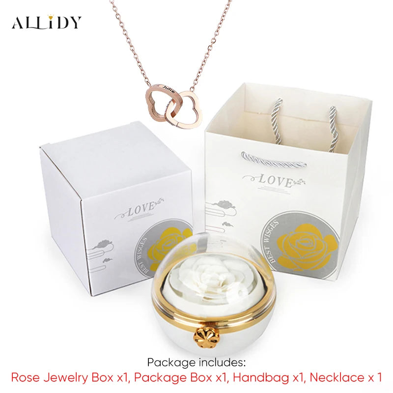 New Surprise Gift Idea Preserved Rose Round Ring or Necklace Jewelry Gift Box with Engraved Name Necklace for Girl Friend Mum