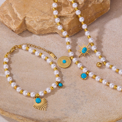 Vintage French Style Geometric Pearl Turquoise Bracelet – Creative Stainless Steel Chain Jewelry for Women