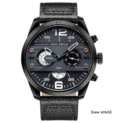 MINIFOCUS Men's Japanese Black Quartz Watch Multifunction Waterproof True Belt Trendy Casual Fashion Watch Gift for Men