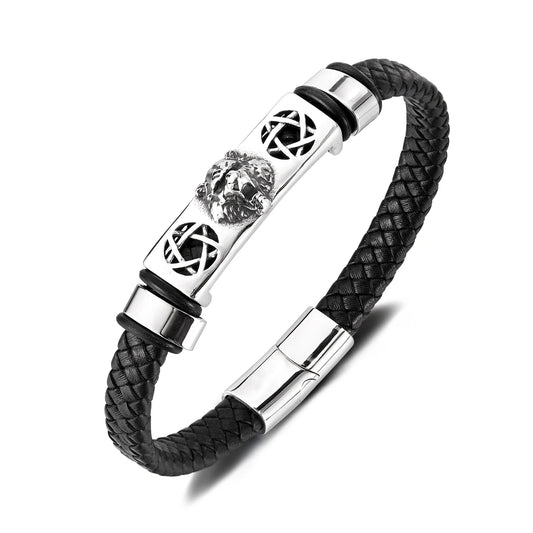 Men’s Hip Hop Leopard Head Leather Bracelet – Creative Braided Wristband with Stainless & Titanium Steel, Urban Street Style