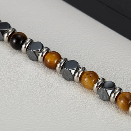 Men’s Tiger Eye & Black Onyx Beaded Bracelet – Stainless Steel Fashion Jewelry with Unique Design