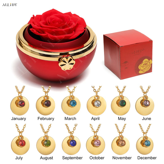 Stainless Steel Personalized Engraved Round Birthday Stone Pendant Necklace with Preserved Rose in Rotating Flower Gift Box