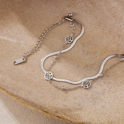 Vintage Double-Layer Tree of Life Bracelet for Women – Stainless Steel Snake Chain Layered Wrist Jewelry