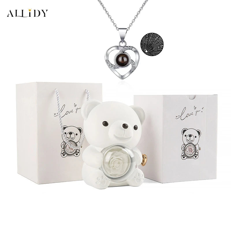 Eternal Rose Teddy Bear Gifts Box with Necklace Rotate Rose Jewelry Box Valentine Wedding Storage Gift Case for Women Girlfriend