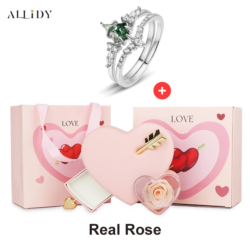 Green Moss Stone Stainless Steel Two-piece Ring Set with Creative Rose Drawer Jewelry Box Proposal Declaration Wedding Gifts Box