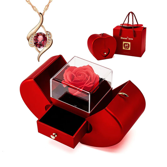 Creative Mother's Day Gift Set Eternal Rose Jewelry Box & Red Gemstone Stainless Steel Necklace Surprise Gift for Mom