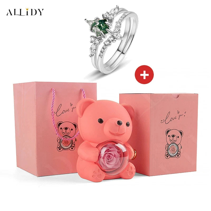 Natural Green Moss Stone Water Grass Agate High Quality Women's Two-piece Wedding Ring Set withReal Rose Bear Jewelry Gifts Set