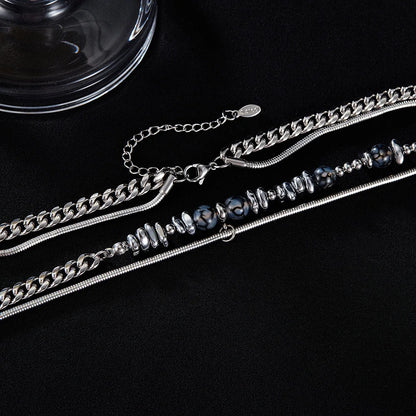 Men’s Minimalist Double Layer Necklace – Black Agate & Stainless Steel Cuban Chain with Natural Stone Detail