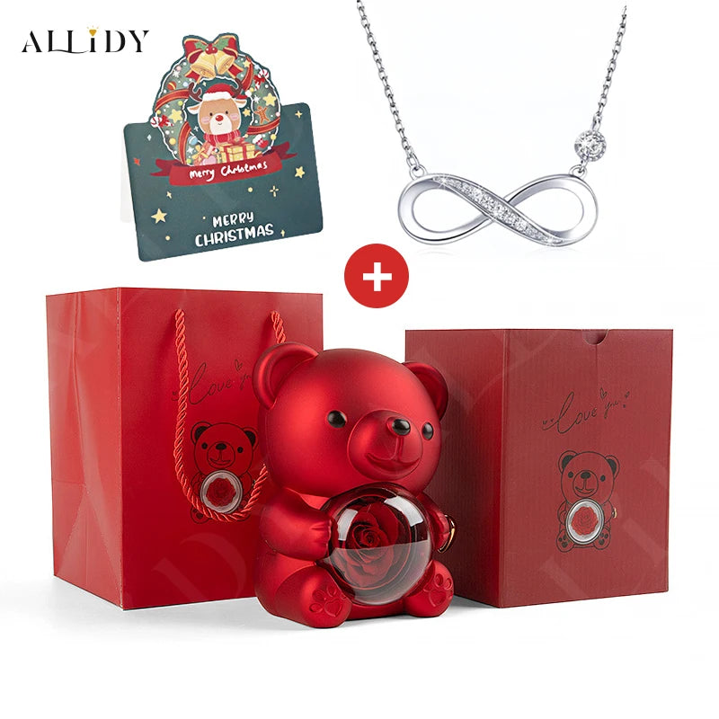 Christmas Gift Real Rose Teddy Bear and 8 Love Necklace with Christmas Birthday Thanks Card Jewelry Gift Set for Girl Women