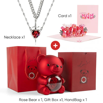 Mother's Day 3D Card Red Zircon Heart and Sword Necklace Double Necklace Real Rose Hug Bear Mothers Day Jewelry Gift Set for Mom