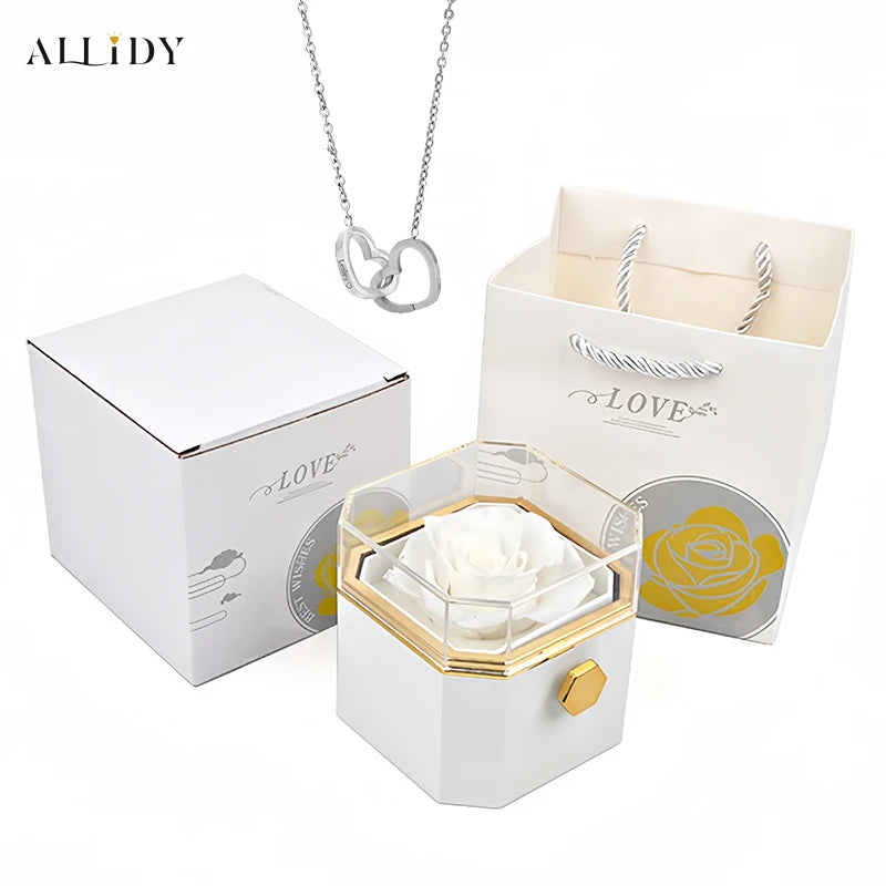 New Octagon Rotating Preserved Rose Proposal Surprise Jewelry Gift Box with Custom Name Necklace Set Holiday for Girlfriend