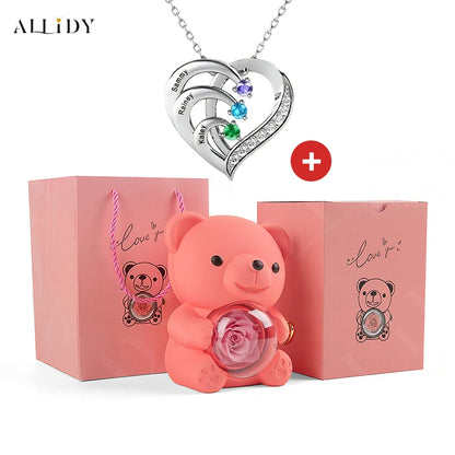 Fashion Personality Custom Engraved Name Heart Necklace and Eternal Rose Teddy Bear Jewelry Gift Box Christmas Valentine Women