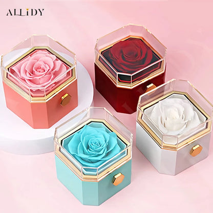 New Octagon Rotating Preserved Rose Proposal Surprise Jewelry Gift Box with Custom Name Necklace Set Holiday for Girlfriend