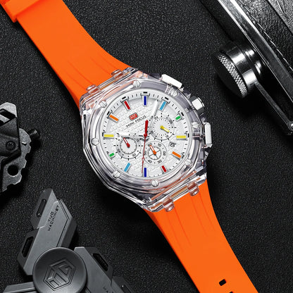 MINIFOCUS Trendy Mens Watch Ultra Lightweight Octagonal Transparent Case Multifunction Quartz Luminous Fashion Sport Watch