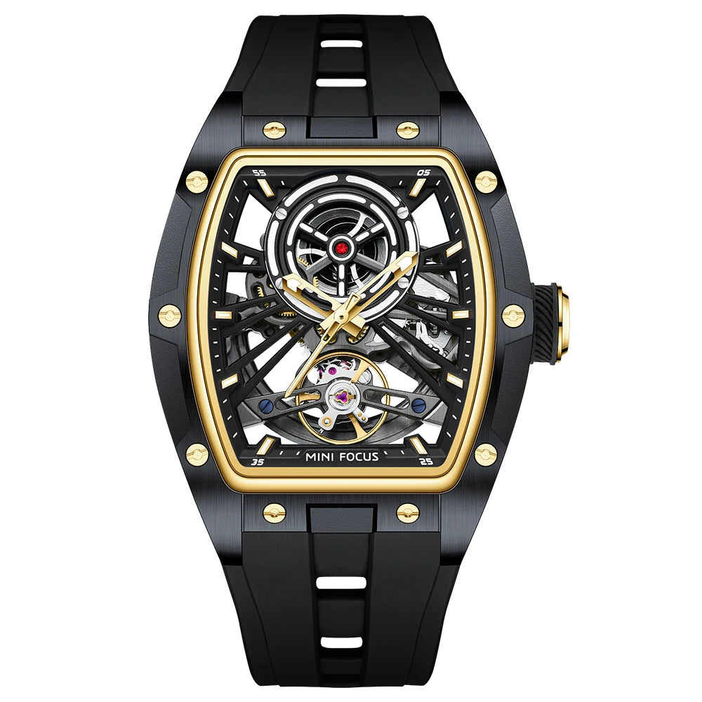 MINIFOCUS Men's Bestseller Barrel Automatic Mechanical Watch Full Skeleton Stainless Steel Case Trendy Fathers Day Gift for Him