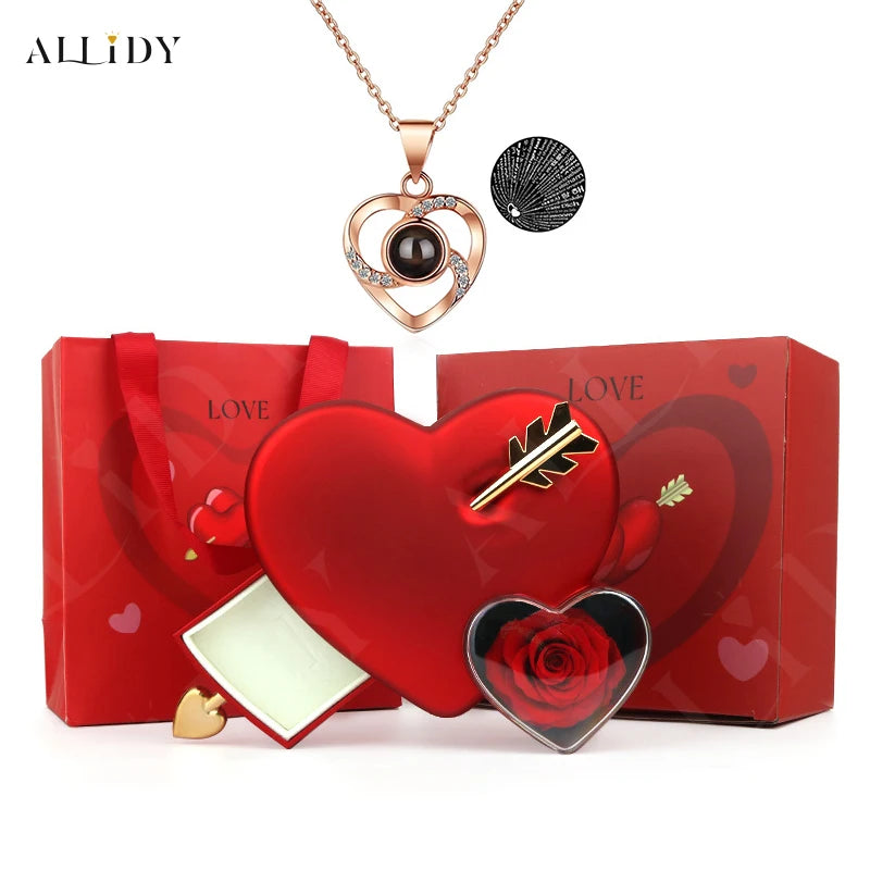 Allidy - Valentine's Day Creative Heart-piercing Rose Jewelry Box and 100 Languages I Love You Projection Necklace Gift Set