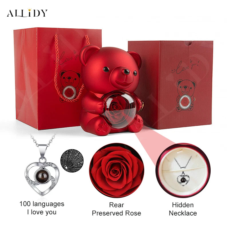 Eternal Rose Teddy Bear Gifts Box with Necklace Rotate Rose Jewelry Box Valentine Wedding Storage Gift Case for Women Girlfriend