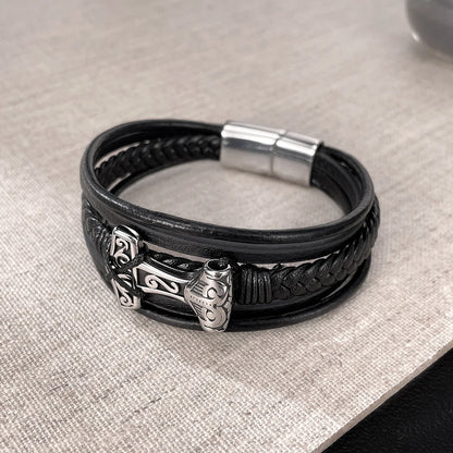 Men’s Vintage Geometric Leather Bracelet – Multi-Layer Braided Wristband with Stainless Steel Accents, Retro European Style
