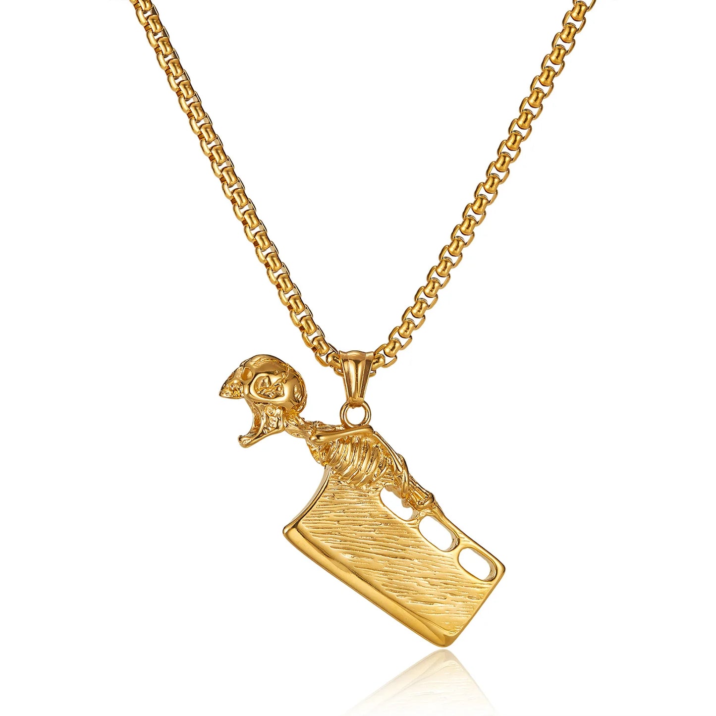 Men’s Punk Skull Cleaver Pendant Necklace – Retro Stainless Steel Butcher Knife Hip Hop Jewelry