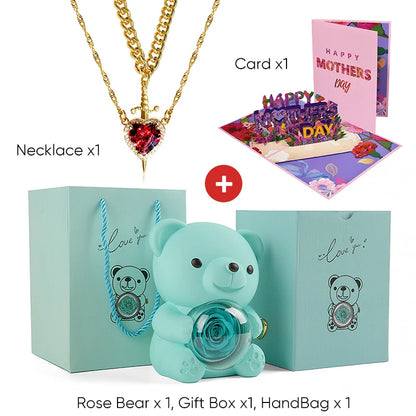Mother's Day 3D Card Red Zircon Heart and Sword Necklace Double Necklace Real Rose Hug Bear Mothers Day Jewelry Gift Set for Mom