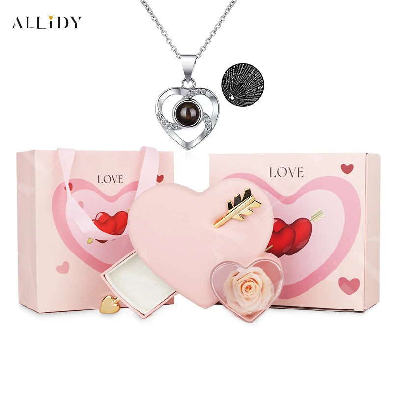 Allidy - Valentine's Day Creative Heart-piercing Rose Jewelry Box and 100 Languages I Love You Projection Necklace Gift Set