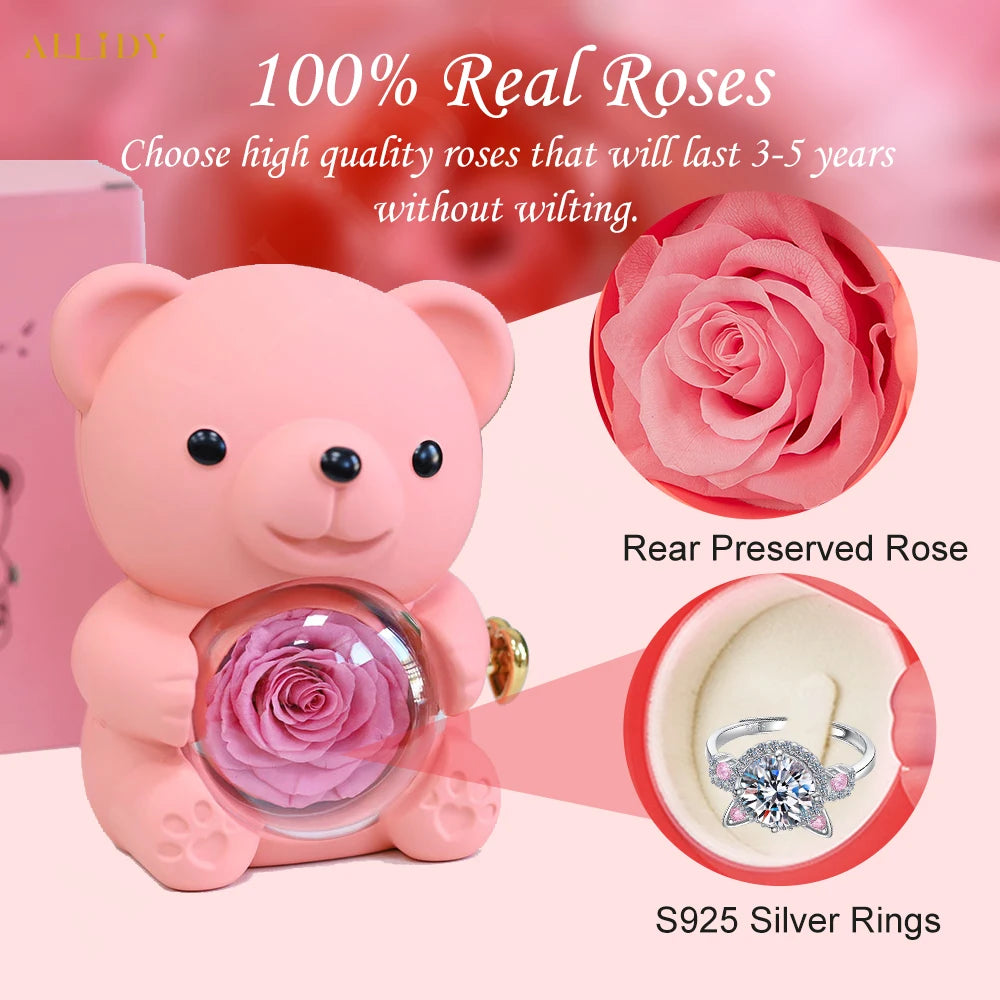 S925 Silver Fashion Cute Pink Cat Zircon Ring with Rose Bear Gift Box Jewelry Set Marriage Proposal Gift for Girlfriend