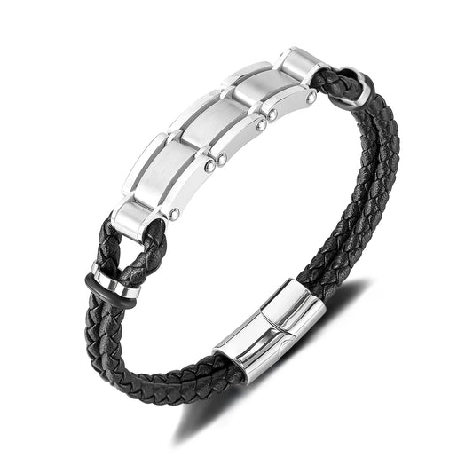 Men’s Biker Chain Leather Bracelet – Double Layer Braided Wristband with Creative Stainless Steel Design, Hip Hop Style