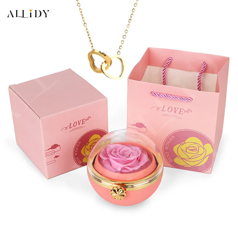 Eternal Rose Round Jewelry Box Personalized Custom Engraved Name Necklace Heart Pendant Women Valentine's Day Christmas Gift