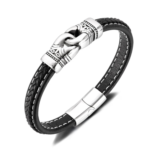 Men’s Punk Style Braided Leather Bracelet – Fashion Stainless & Titanium Steel Wristband, Bold European Street Design