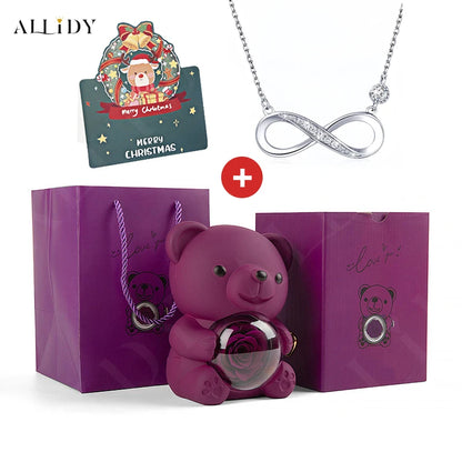 Christmas Gift Real Rose Teddy Bear and 8 Love Necklace with Christmas Birthday Thanks Card Jewelry Gift Set for Girl Women