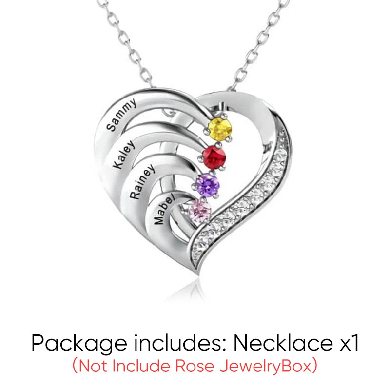 Personalized Heart Necklace with 2-4 Birthstones Custom Engraved Name Pendant Preserved Rose Jewelry Gift Box Christmas Women