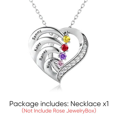 Personalized Heart Necklace with 2-4 Birthstones Custom Engraved Name Pendant Preserved Rose Jewelry Gift Box Christmas Women