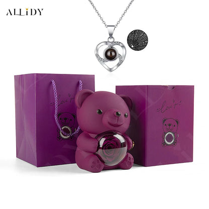 Eternal Rose Teddy Bear Gifts Box with Necklace Rotate Rose Jewelry Box Valentine Wedding Storage Gift Case for Women Girlfriend