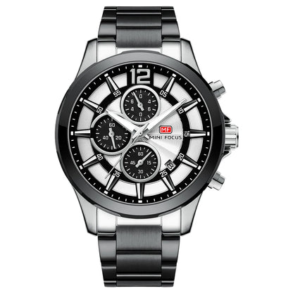 MINIFOCUS Men’s Luxury Automatic Mechanical Watch Six‑Hand Chronograph Date Luminous Waterproof Stainless Steel Band Business