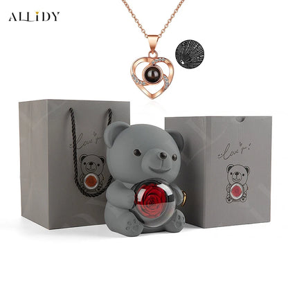 Eternal Rose Teddy Bear Gifts Box with Necklace Rotate Rose Jewelry Box Valentine Wedding Storage Gift Case for Women Girlfriend