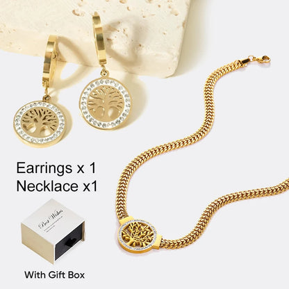 Vintage Fashion Life Tree Pendant Necklace Hollow Zircon Stainless Steel Necklace Bracelet Earrings Jewelry Set  Women's
