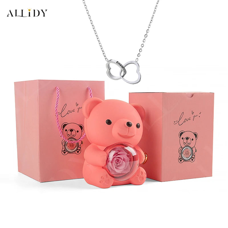 New Christmas Gift Box Blue Real Preserved Eternal Rose Rotating Teddy Bear with Engraved Name Necklace Jewelry Gift Boxes Set