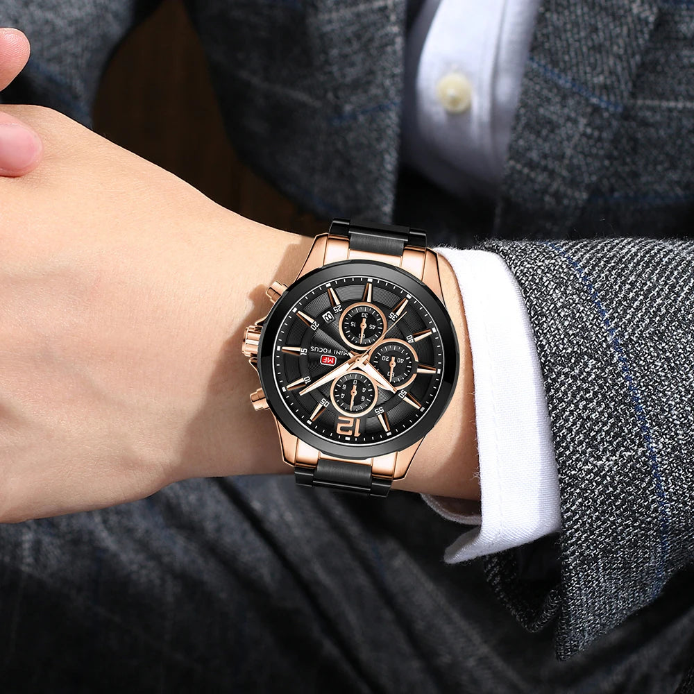 MINIFOCUS Men’s Luxury Automatic Mechanical Watch Six‑Hand Chronograph Date Luminous Waterproof Stainless Steel Band Business