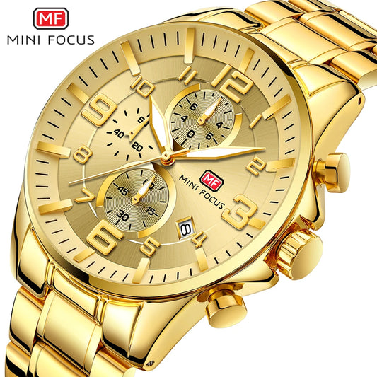 MINIFOCUS Golden Mens Luxury Watch Bold Large Dial Luminous Waterproof Stainless Steel Best Seller Middle East for Business Man