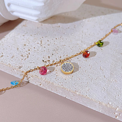 Trendy Double Layer Clavicle Necklace – Minimalist Stainless Steel Chain with Colorful Zircon for Women