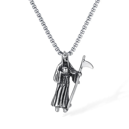Men’s Reaper Scythe Pendant Necklace – Retro Punk Stainless Steel Grim Reaper Charm Chain