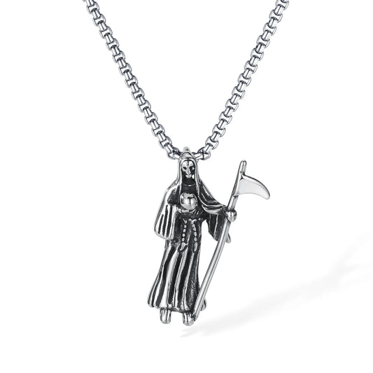 Men’s Reaper Scythe Pendant Necklace – Retro Punk Stainless Steel Grim Reaper Charm Chain