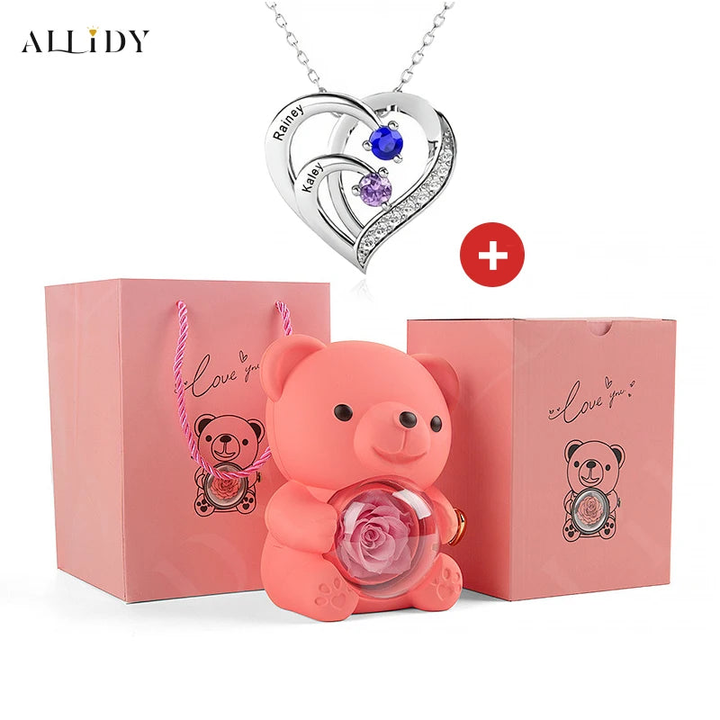 Fashion Personality Custom Engraved Name Heart Necklace and Eternal Rose Teddy Bear Jewelry Gift Box Christmas Valentine Women