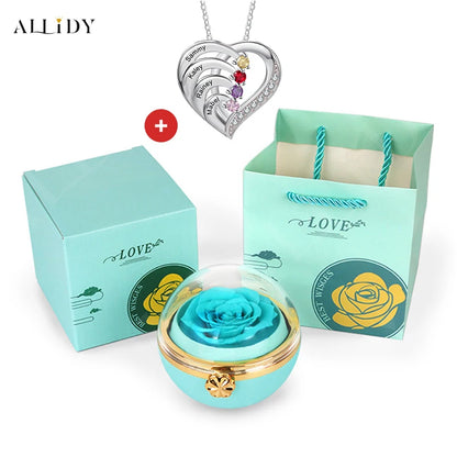 Personalized Heart Necklace with 2-4 Birthstones Custom Engraved Name Pendant Preserved Rose Jewelry Gift Box Christmas Women