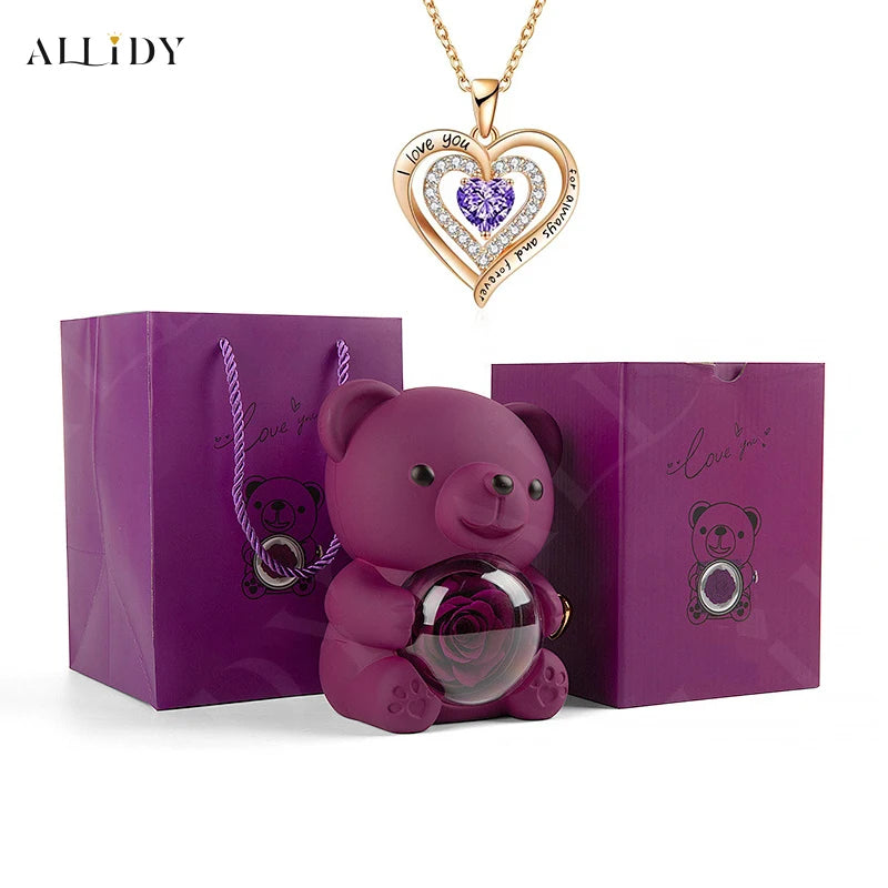 Luxury Red Zircon Pendant Necklaces With Rose Bear Gift Box For Girlfriend Women I Love You Gifts 2024 Trendy Wedding Jewelry