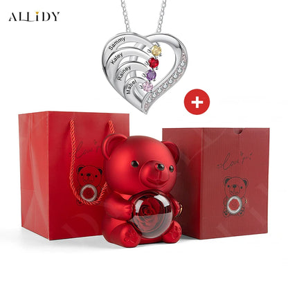 Fashion Personality Custom Engraved Name Heart Necklace and Eternal Rose Teddy Bear Jewelry Gift Box Christmas Valentine Women